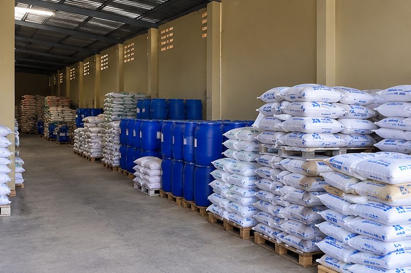Bagged chemicals stacked on pallets, off the floor, in a ventilated Suraj Chemicals warehouse