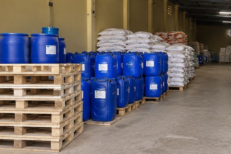 Liquid chemicals in blue drums and carboys stored on pallets at a Suraj Chemicals warehouse