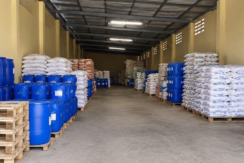Main aisle of a Suraj Chemicals warehouse with drums, carboys and bagged chemicals ready for dispatch